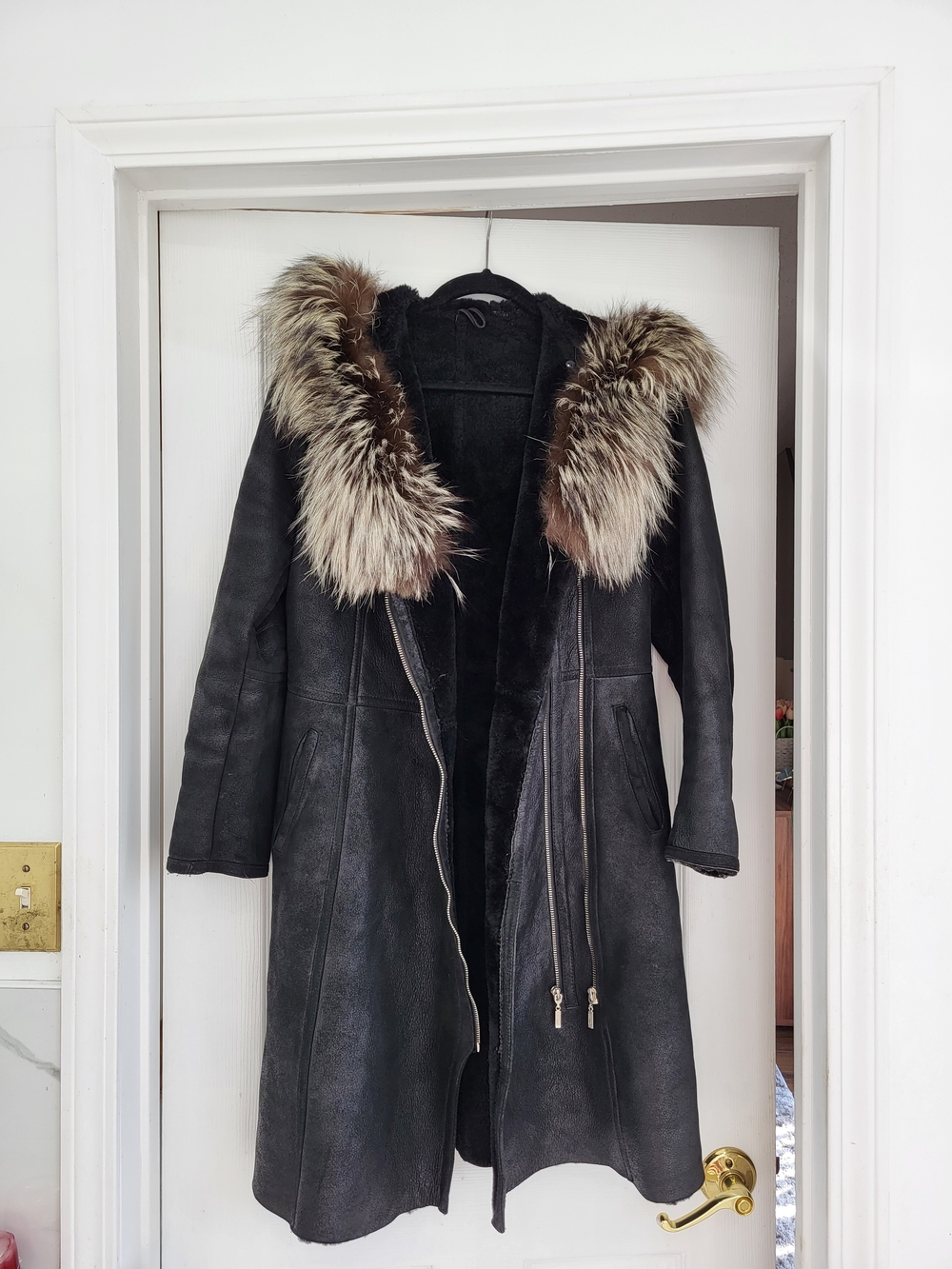 Black Shearling Coat with Fox Fur Trim Hood - Women's Jacket.